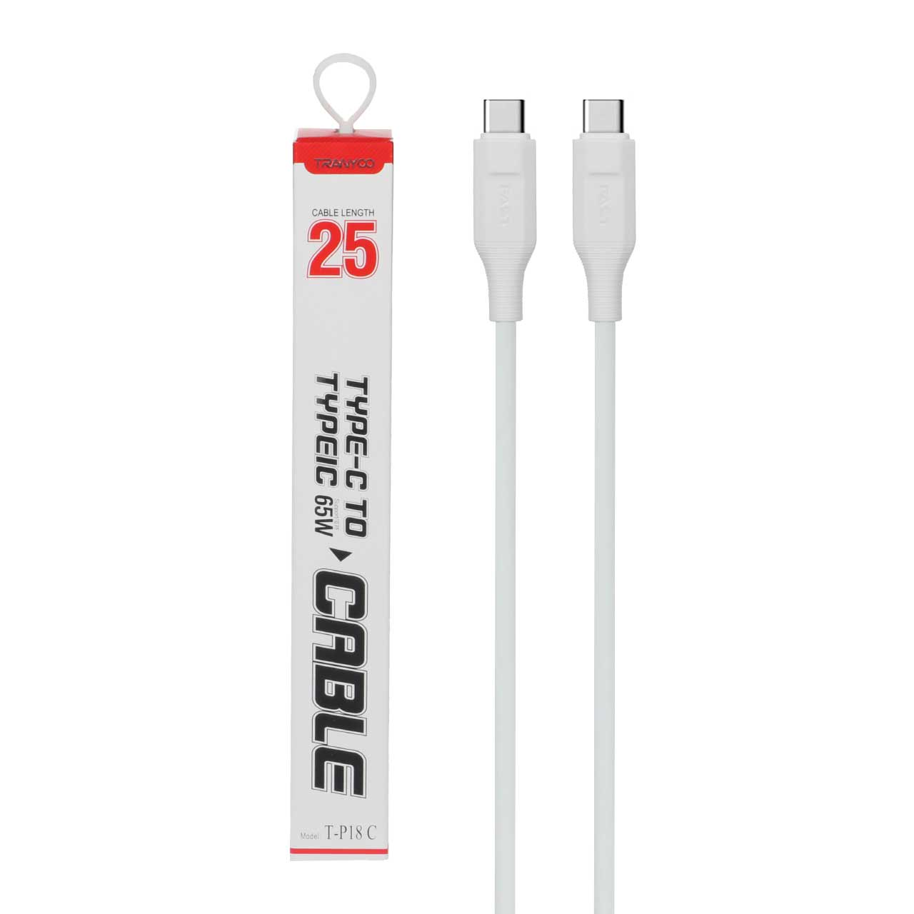 کابل شارژ فست پاوربانک TRANYOO Type-C to Type-C مدل T-P18C 65W- سفید