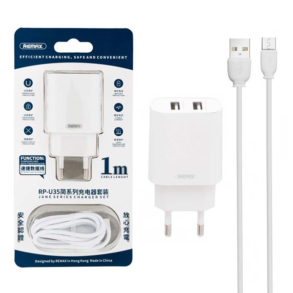شارژر دیواری دو پورت Remax مدل RP-U35 10W به همراه کابل شارژ اندروید - سفید