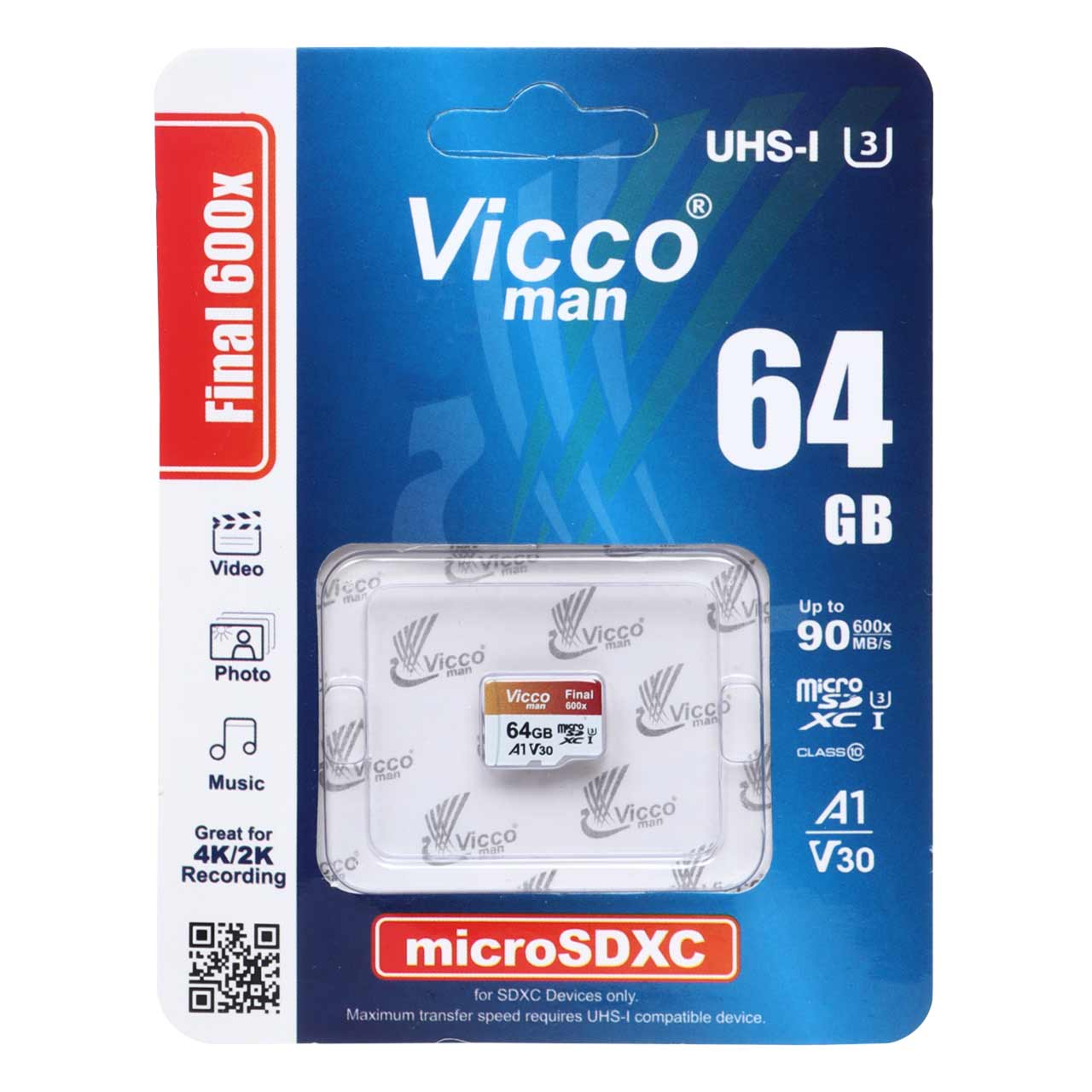 Vicco man Final 600X microSDXC UHS-I U3 Class10-90MB/s - 64GB (گارانتی مادام‌العمر رایانه نوین سگال)