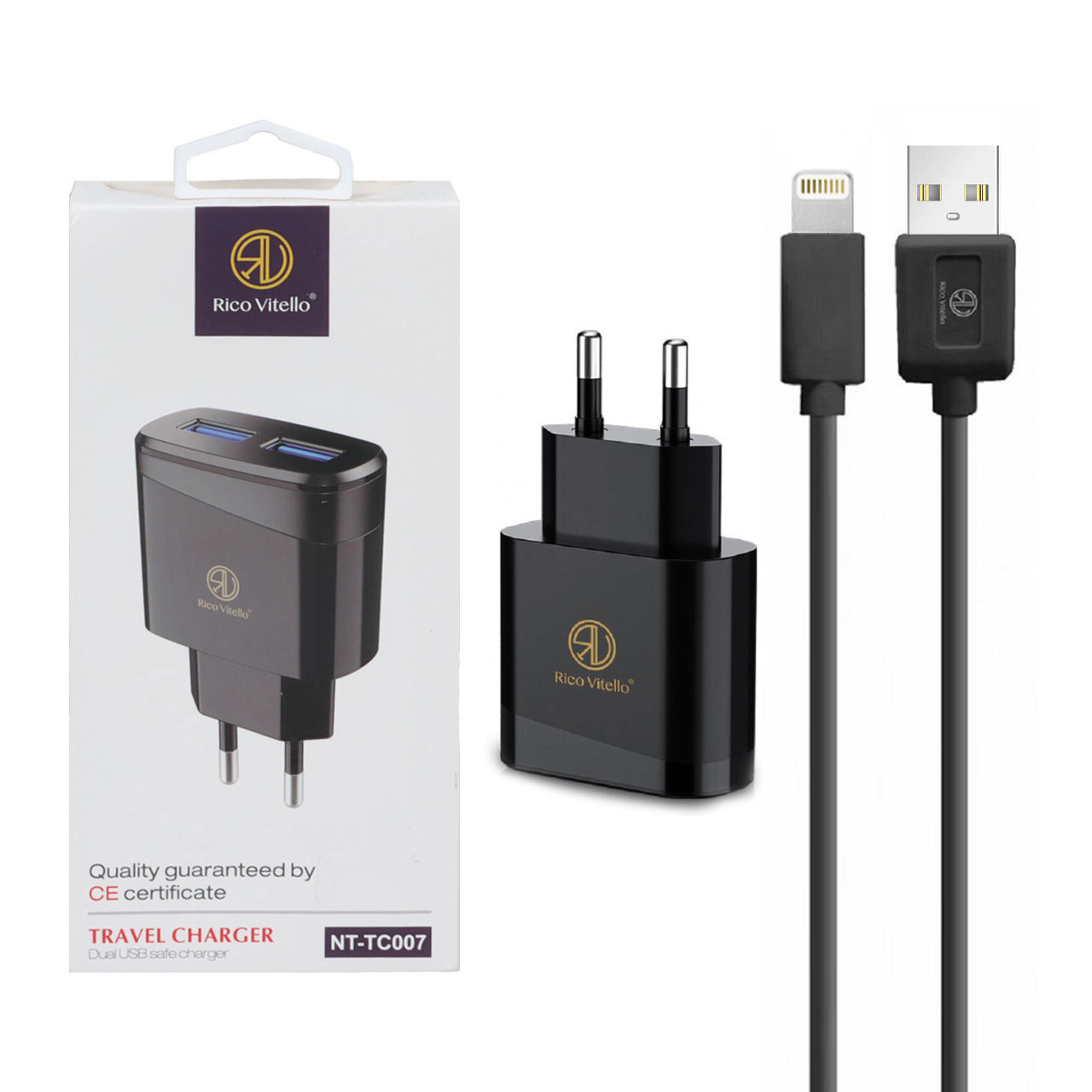 شارژر دیواری فست دو پورت Rico Vitello مدل NT-TC007 12W به همراه کابل شارژ آیفون - مشکی