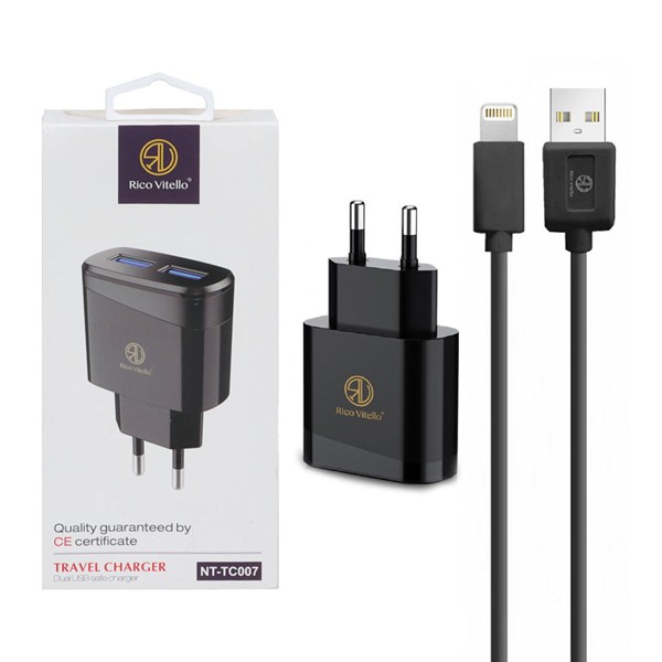 شارژر دیواری فست دو پورت Rico Vitello مدل NT-TC007 12W به همراه کابل شارژ آیفون - مشکی