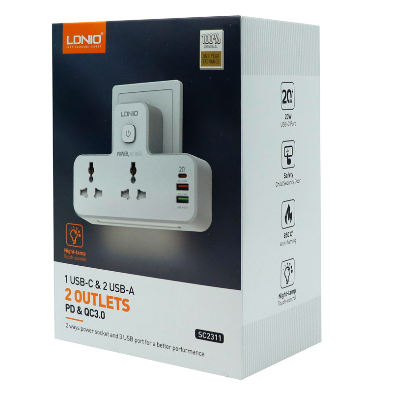 چند راهی 2 خانه الدینیو SC2311 + شارژر USB و Type-C