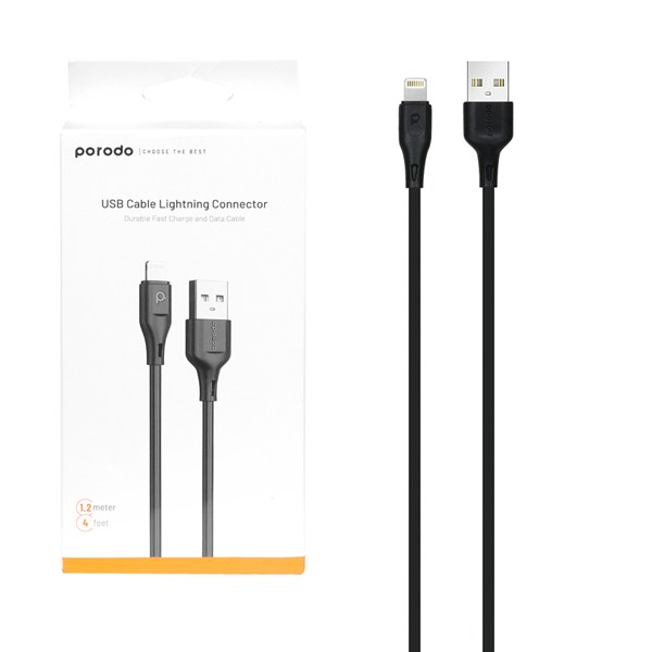 کابل شارژ فست 1.2 متری آیفون Porodo مدل PD-U12LC-BK - مشکی - پک ضعیف (گارانتی 24 ماهه ایویز)