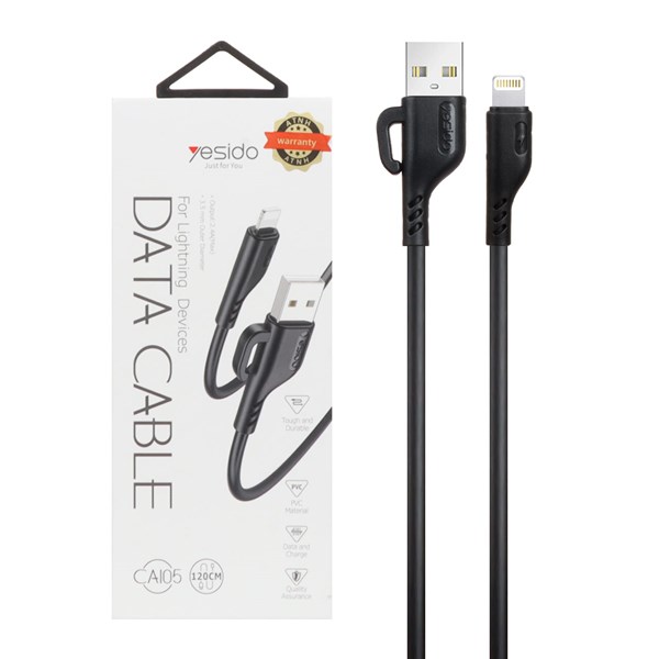 کابل شارژ فست 1.2 متری آیفون Yesido مدل CA105l - مشکی (گارانتی 18 ماه تعویض نیکان همراه)