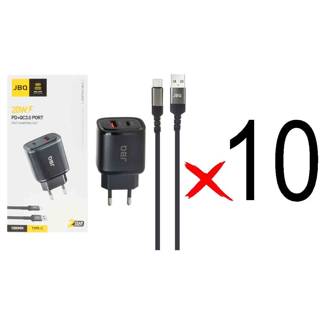 شارژر دیواری فست و PD دو پورت JBQ مدل HC-NP20 20W همراه با کابل Type-C - مشکی (گارانتی یکساله رصاصی) (بسته 10 عددی)