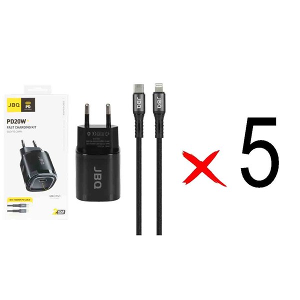 شارژر دیواری فست و PD تک پورت JBQ مدل HC-DP20 20W همراه با کابل Type-C to Lightning - مشکی (بسته 5 عددی)