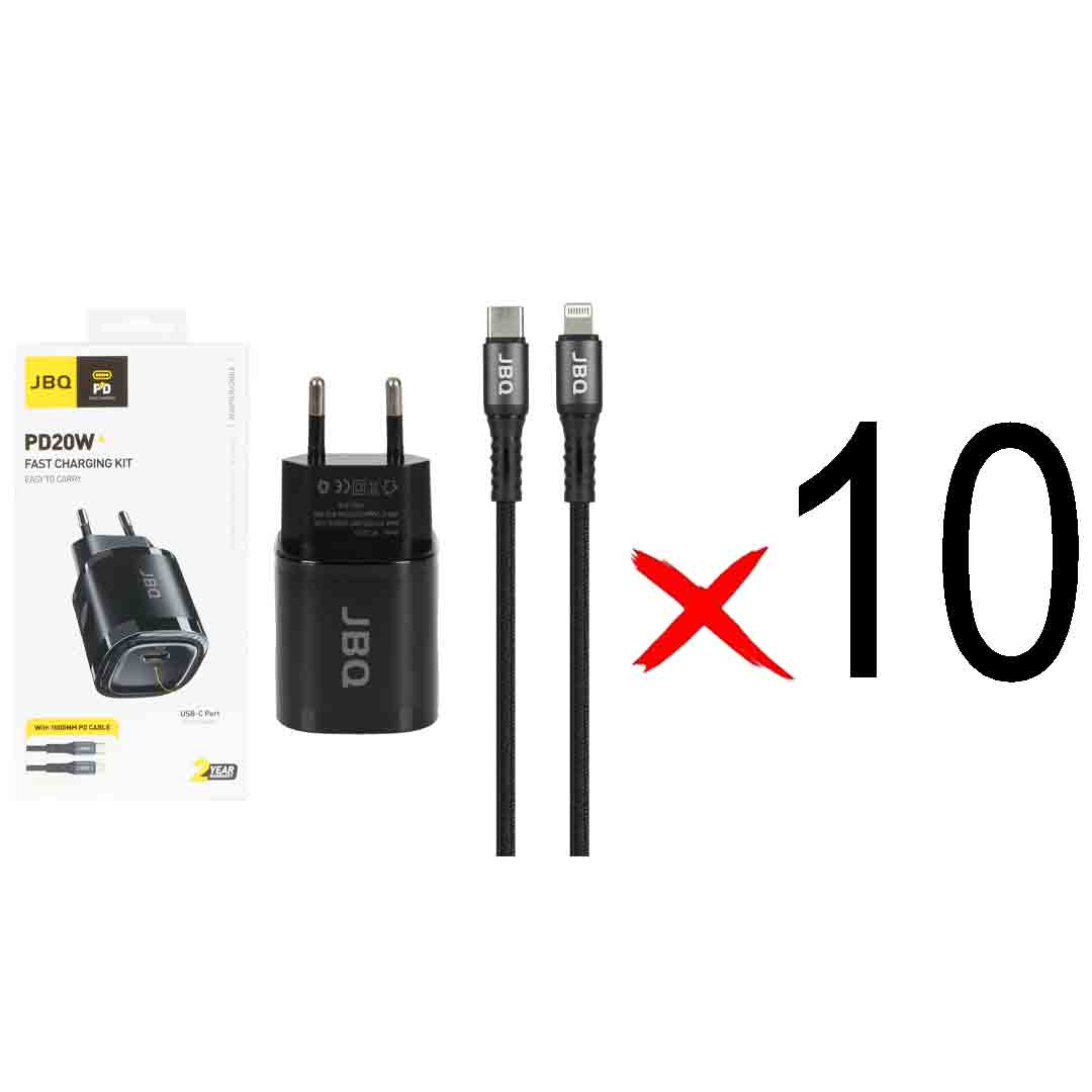 شارژر دیواری فست و PD تک پورت JBQ مدل HC-DP20 20W همراه با کابل Type-C to Lightning - مشکی (بسته 10 عددی)