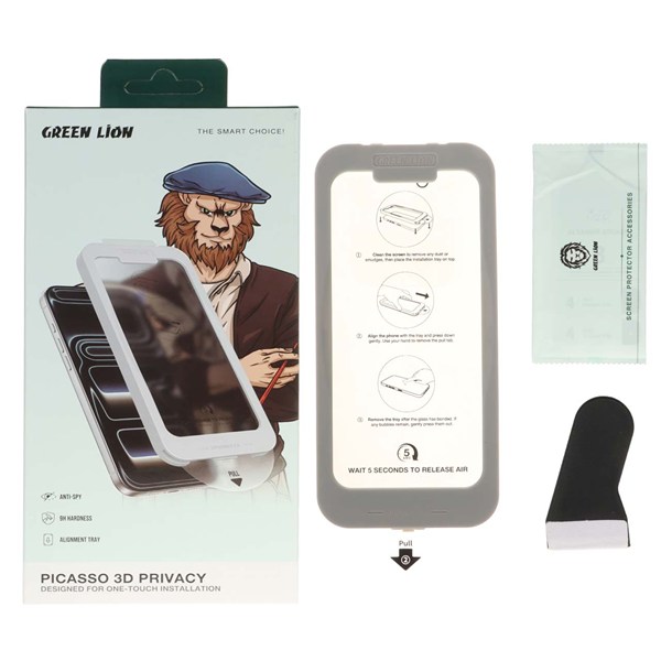 محافظ صفحه نمایش شیشه ای اورجینال Green Lion Picasso 3D Privacy One-Touch Installation مدل Apple iPhone 17 Pro (پک دار)