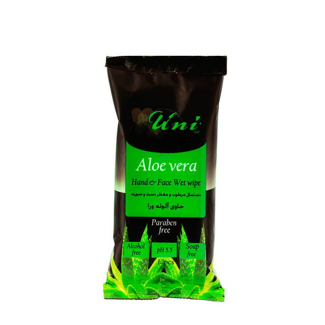 دستمال مرطوب و معطر دست و صورت یونی لد جیبی حاوی عصاره آلوئه ورا بسته 12 عددی