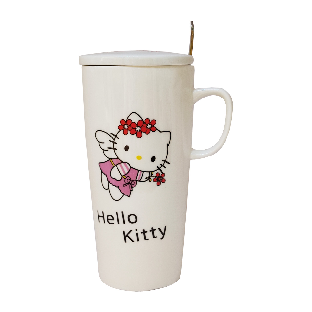 ماگ بلند درب دار  قاشق دار مدل Hello Kitty