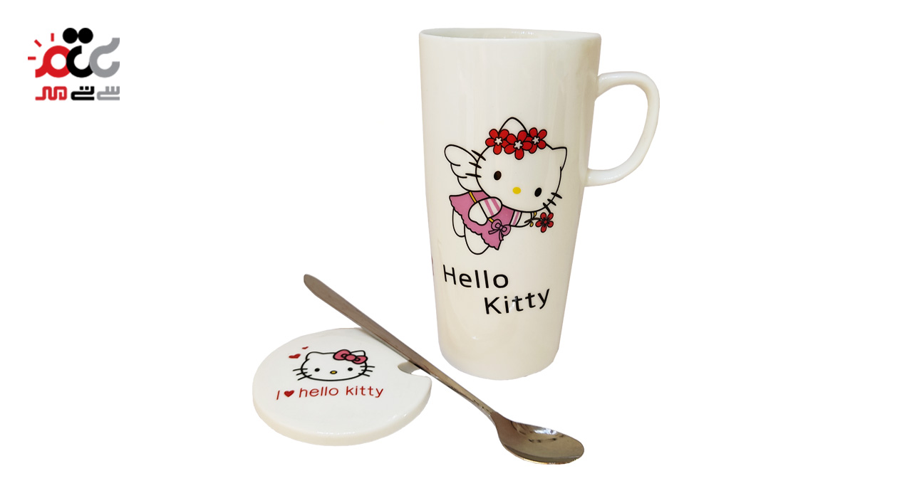 ماگ بلند درب دار  قاشق دار مدل Hello Kitty