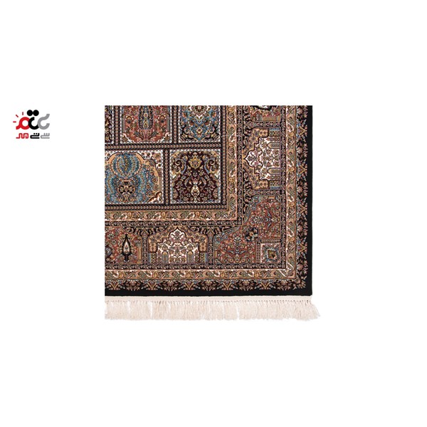 فرش ماشینی دنیای فرش طرح خشتی شکارگاه رنگ زمینه سرمه ای