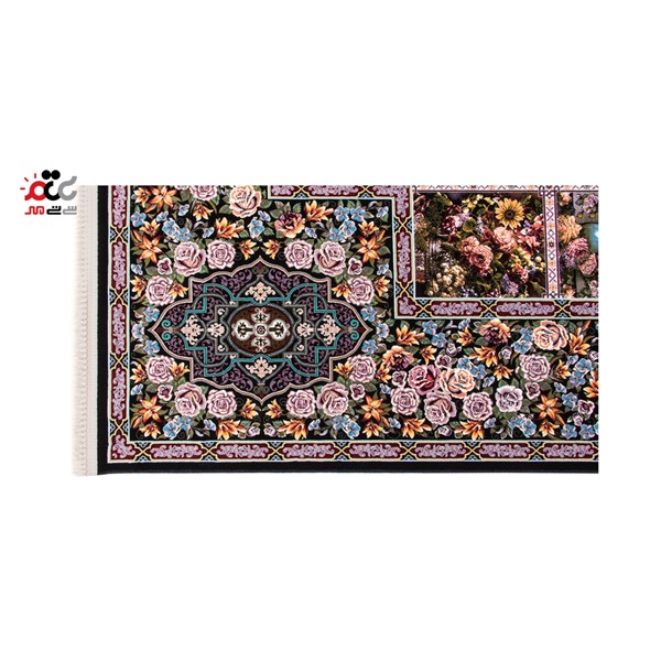فرش ماشینی دنیای فرش طرح باغ ارم رنگ زمینه سورمه ای