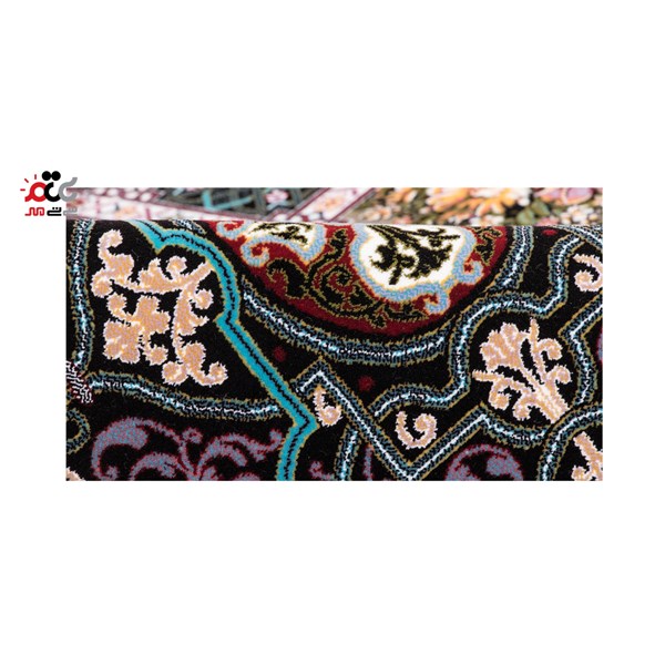فرش ماشینی دنیای فرش طرح باغ ارم رنگ زمینه سورمه ای