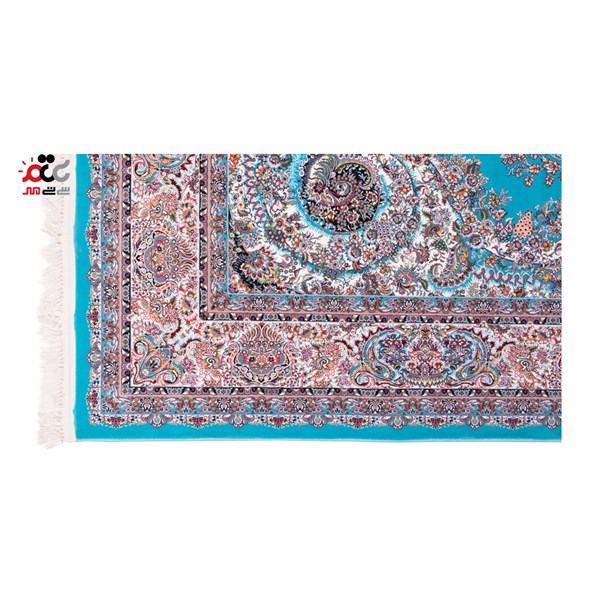 فرش ماشینی دنیای فرش طرح موج مهر زمینه آبی