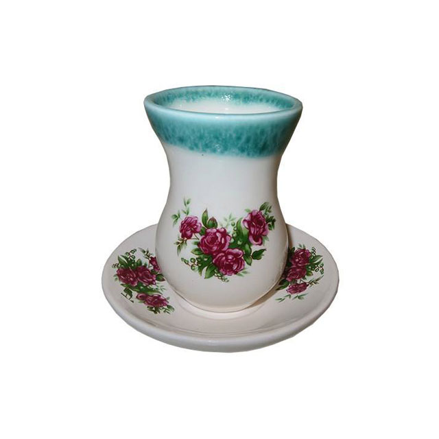 فنجان و نعلبکی سفالی طرح گل سرخی کد 016