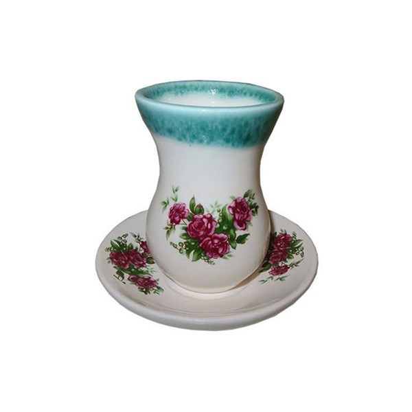 فنجان و نعلبکی سفالی طرح گل سرخی کد 016